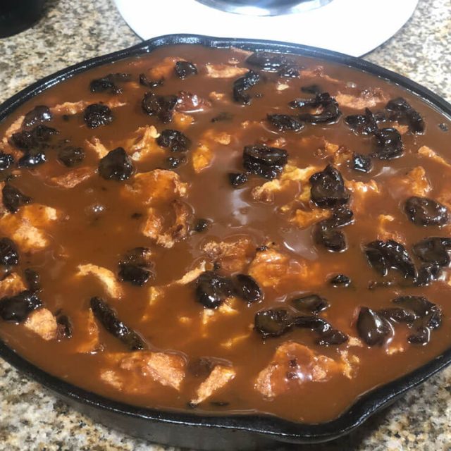Cast Iron Bread Pudding with Sauce